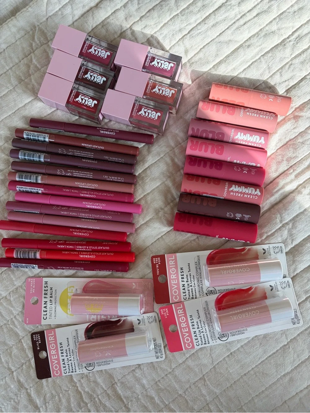 Covergirl lip products bundle jelly water tint, outlast lipstain, lip balm, blur